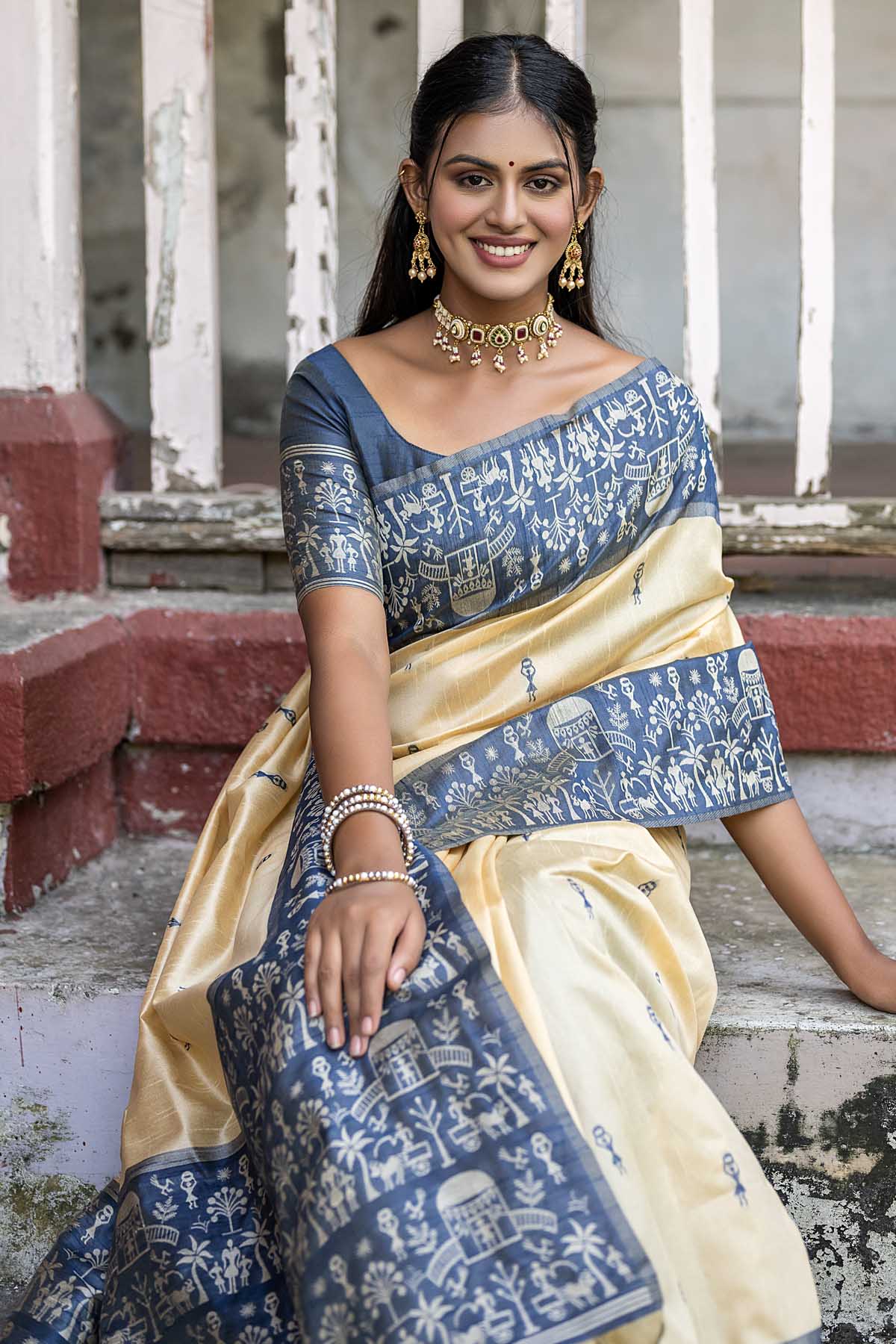 Buy Designer Warli Blue Border Silk Saree Online